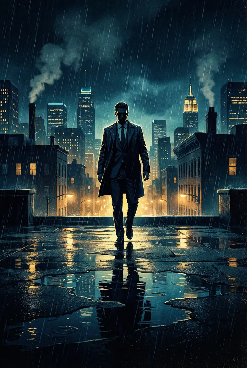终极斗士4 电影 出品影片《雨夜独行者》海报，雨中城市屋顶男性剪影